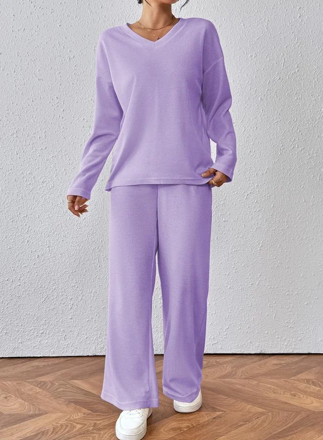 تايك تو طقم بلوزة بملمس بارز وبنطال ليلكي للنساء